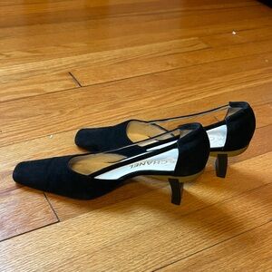 CHANEL Black Suede Square Toe Dorsay Slingback MOD Heels